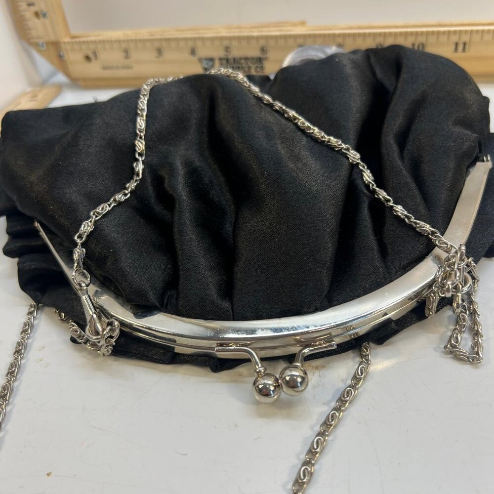 Black Satin Evening Clutch Purse Silver Frame Chain Strap Floral Ruffle Design - Picture 3 of 4